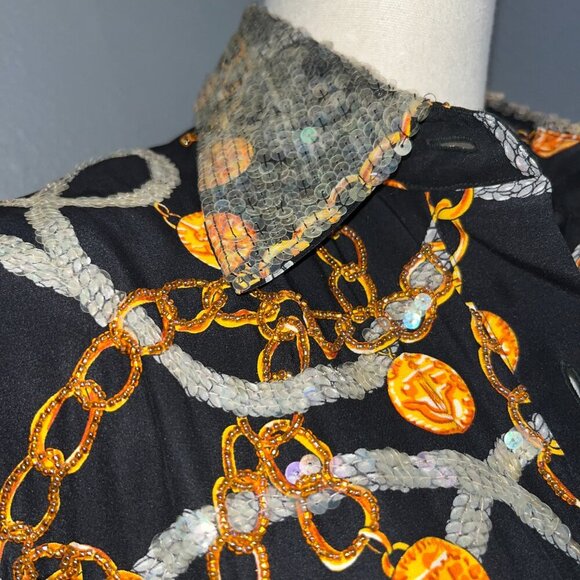 Vintage STARINGTON Sequin & Bead Embellished Chain & Coin Silk Blouse - EUC - 8 - Picture 3 of 16